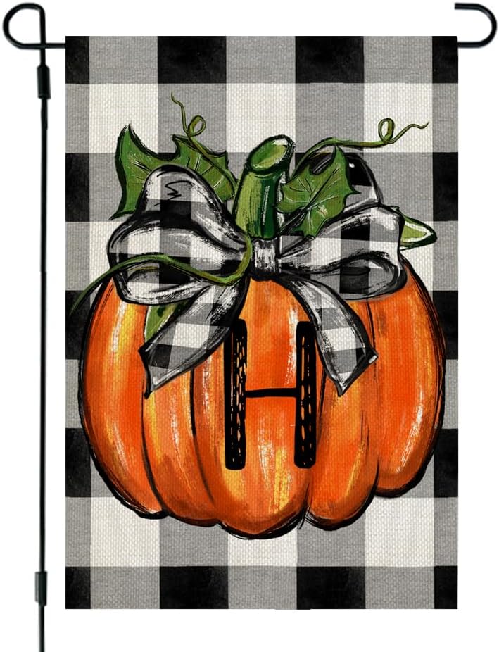 Flags - CROWNED BEAUTY Fall Pumpkin Monogram Letter H Garden Flag 12x18 Inch Double Sided Burlap Plaid Small Family Last Name Initial Yard Decoration CF1121-12