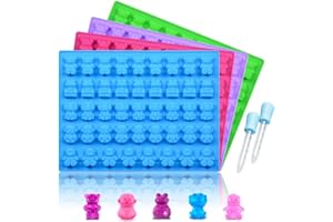 CAKETIME Silicone Candy Gummy Bear Molds - Chocolate Molds Including Bears, Frogs, Lions, Monkeys, Penguins Gummie Molds Premium Silicone BPA Free, Pack of 4 with 2 Droppers