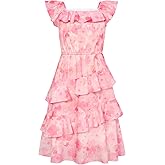 GRACE KARIN Girls Summer Dress A-line Square Neck Floral Ruffle Dress for Girls Size 5-14 Years