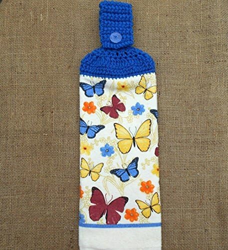 Butterfly Double Sided Hanging Kitchen Towel With A Blue Crocheted Top