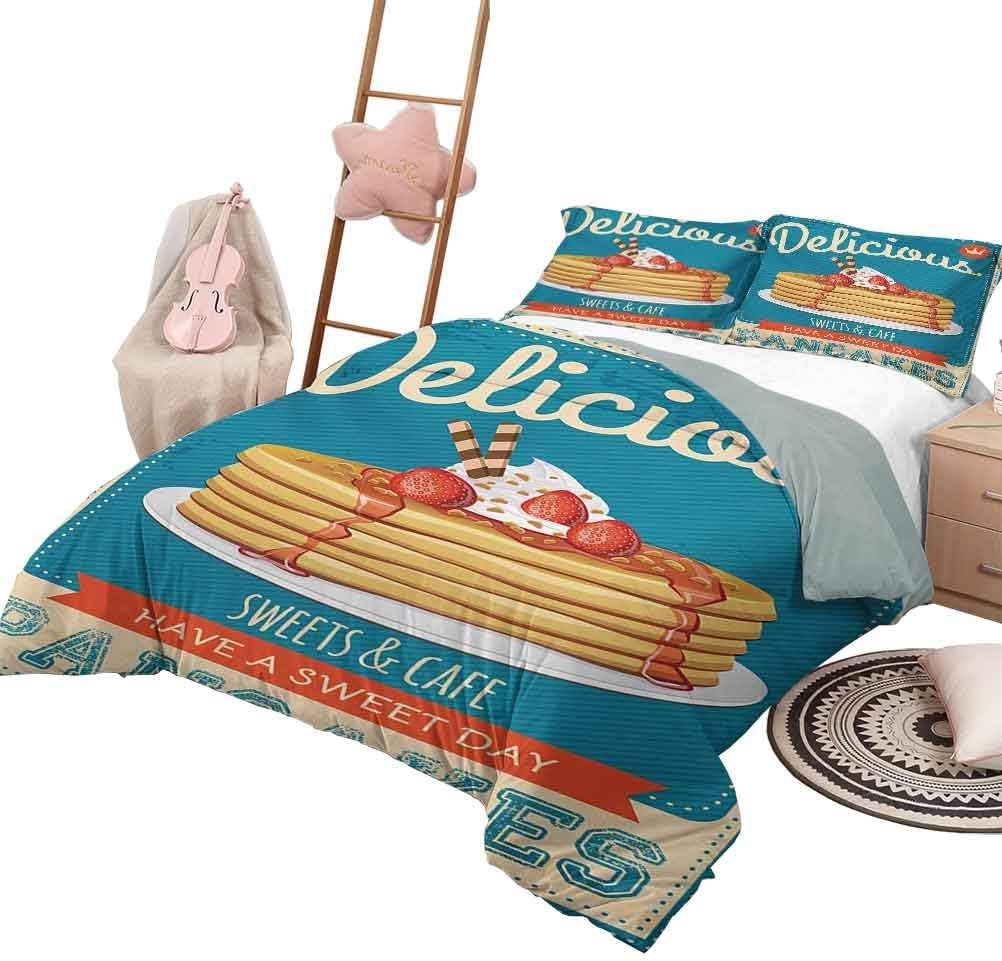 Premium Duvet Cover Set Vintage Duvet Cover Set with Zipper Closure Delicious Pancakes with Cream and Jam Eighties Diner Flyer Design Decorative 3 Piece Bedding Set with 2 Pillow Shams, Full Size