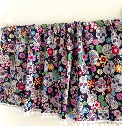 Rose and Hubble Floral Sugar Skulls Window Valance with White Pom Pom Fringe Trim - 42 inch