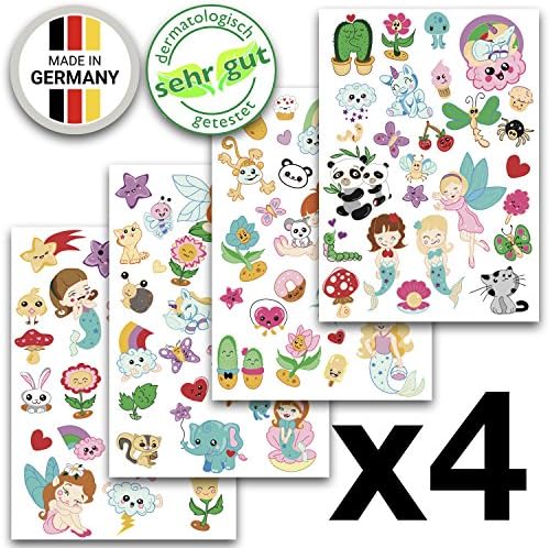 Metallic Temporary Flash Tattoos, Dermatologically Tested "VERY GOOD" and Produced in Germany, 4 Sheets with 97 Gold and Silver Motifs such as Unicorn, Fairy, Heart, Mermaid, Butterfly - Perfect as a Party Gift or Favour for Girls (Unicorn Party Set of 4)