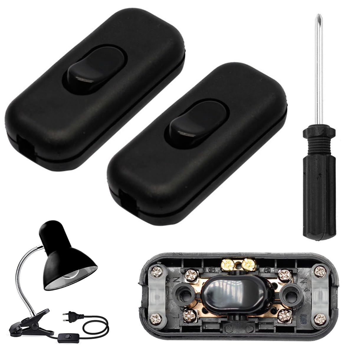 2 Pieces 6A Inline Switch Torpedo Switch with Screwdriver Double Pole Switching In-line Cord Halfway Rocker Button Accepts 2 Core for Small Appliance or Lamp (Black)