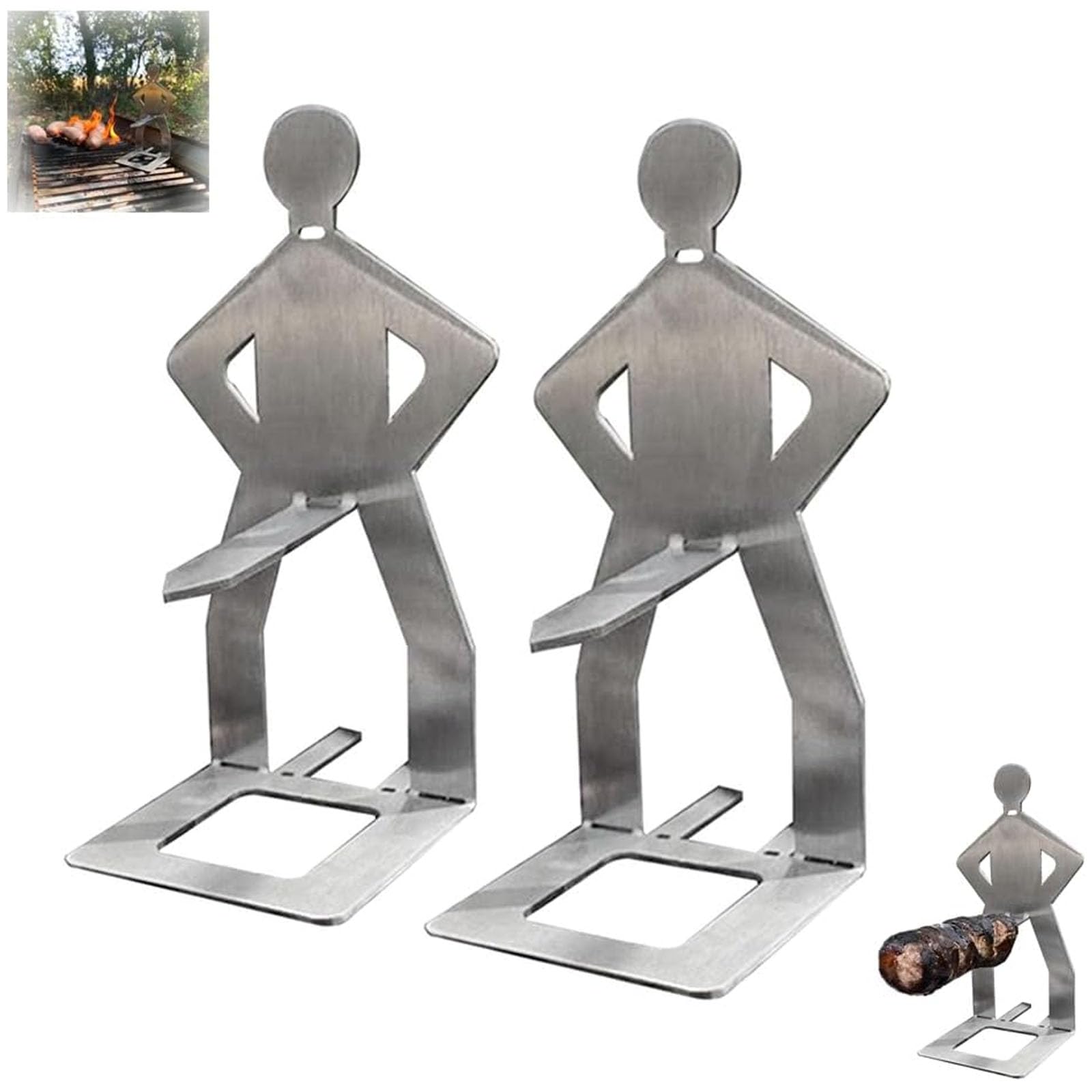 GWAWG Stainless Steel BBQ Sausage Holder, Creative Standing Man Sausage Barbecue Rack, Portable Hot Dog Roaster Rack, Metal Sausage Grilling Tools for Outdoor Camping Cooking Accessories (2PCS)