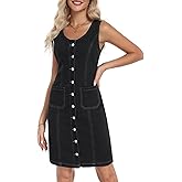 Vidifid Women's Denim Dress Sleeveless Stretchy Crewneck Vintage Button Down Jean Dresses with Patch Pocket