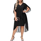 Hanna Nikole Womens Plus Size Chiffon Cocktail Dress Ruffle 3/4 Sleeve Wedding Guest Party Dresses with High Low Hem