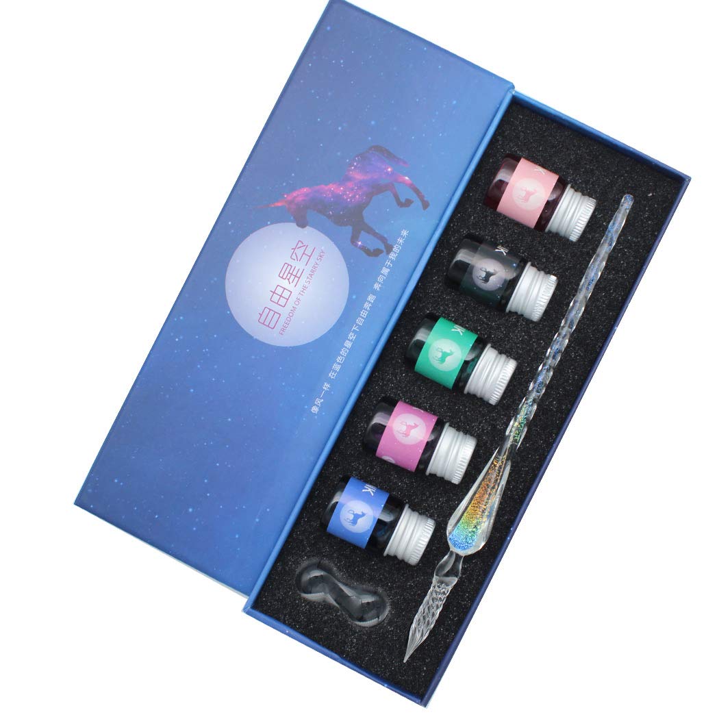 SIPLIV Handmade Glass Dip Pen Set, Starry Sky Crystal Vintage Signature Drawing Calligraphy Pen, 7 Pcs Gift Set with 5 Colors Ink, 1 Pen Holder, 1 Glass Pen - Transparent rainbow