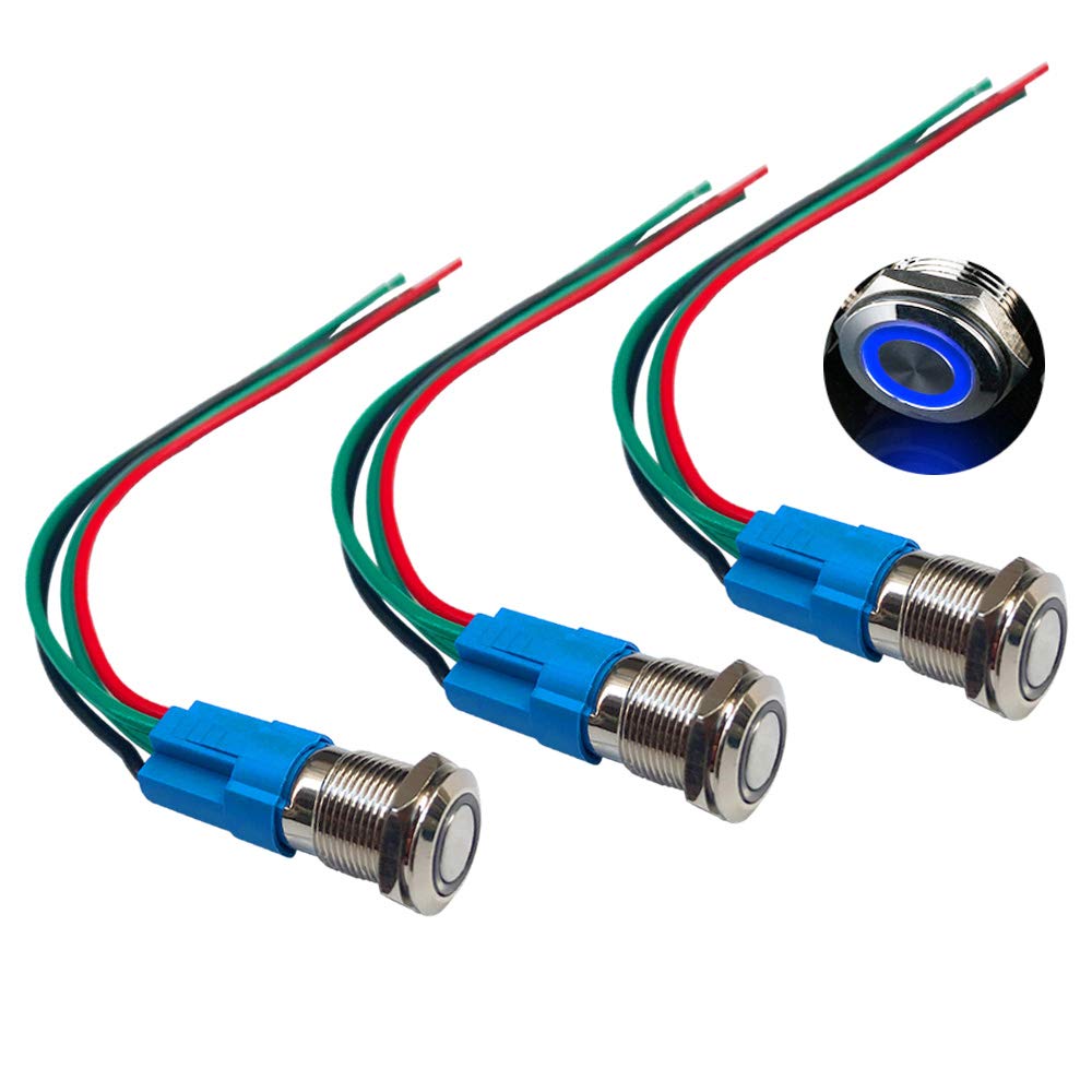 QitinDasen 3Pcs Premium 12V/24V 3A Momentary Push Button Switch, 12mm Car Ignition Starter Switch, Blue LED Light Stainless Steel IP66 Waterproof Switch with Socket Plug Wire