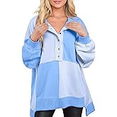 SHEWIN Womens Oversized Color Block Sweatshirts Casual Loose Button Henley Pullover Tops