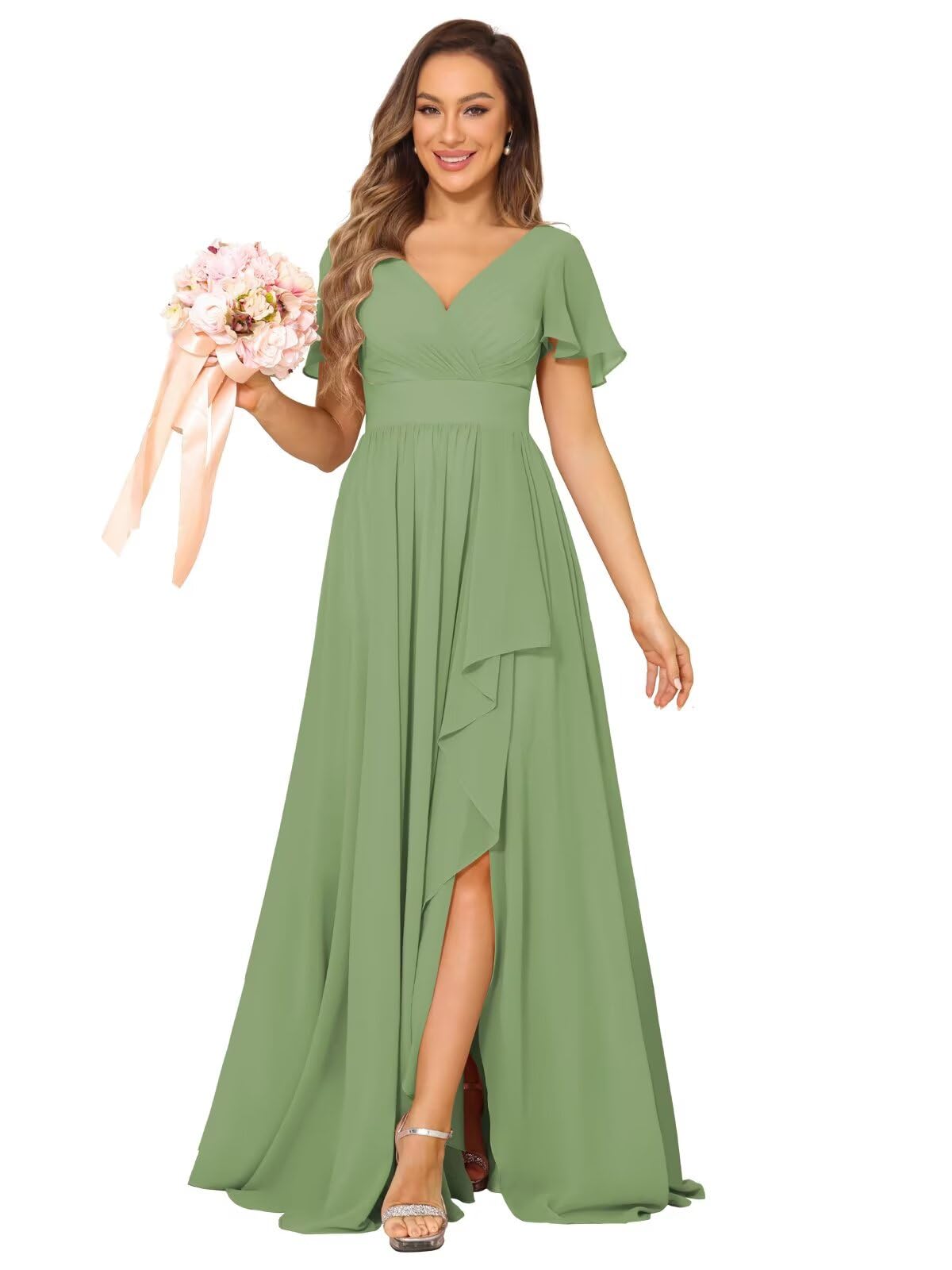 Photo 1 of  sixle 2xl* Dessiny Women’s V Neck Pleated Bridesmaid Dresses for Women 2025 Dusty Sage Short Sleeves Chiffon Bridesmaid Dress