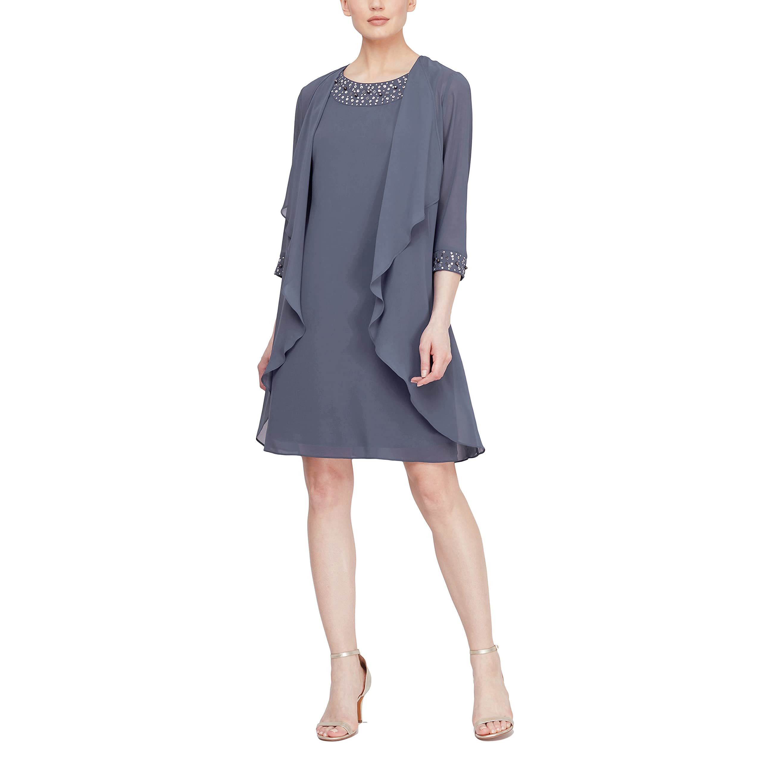 S.L. Fashions Women’s Chiffon Tier Jacket Dress with Bead Neck, New Steel Petite, 10P