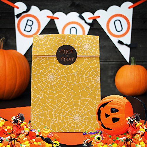 AerWo 48pcs Halloween Treat Bags Paper Gift Bags, Goody Bags with Halloween Stickers for Halloween Party Decorations Supplies