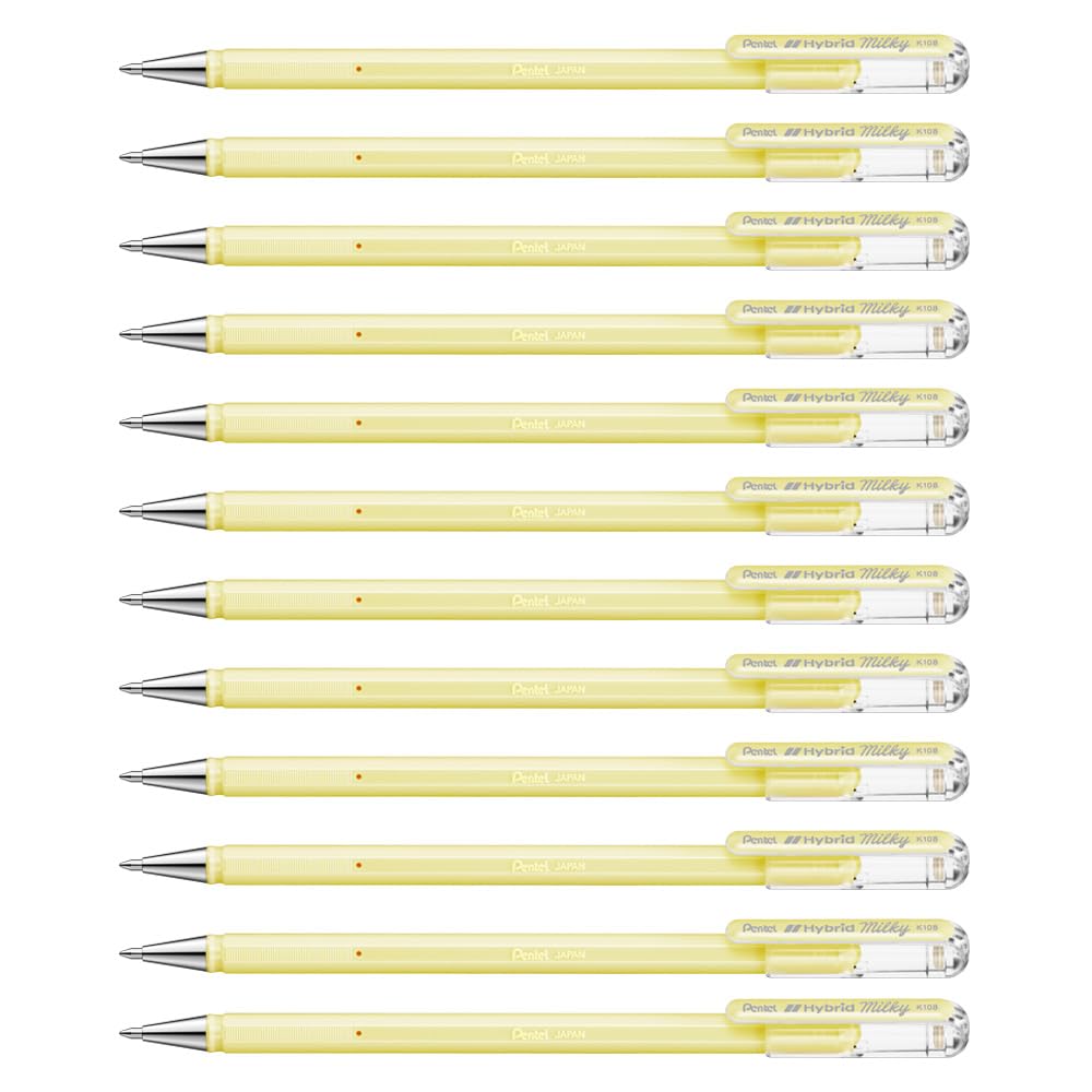 Pentel K108 Hybrid Milky Gel Rollerball Pen, Pastel Yellow (Pack of 12)