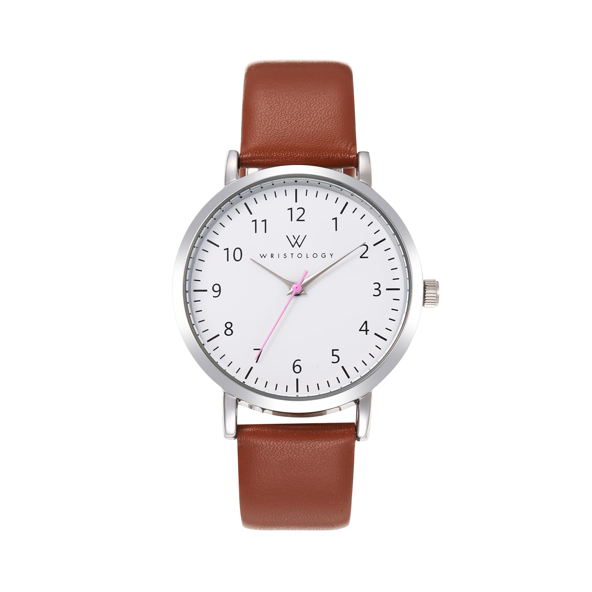 WRISTOLOGY 29 Styles Maxi Numbers Watch Leather Band,Interchangeable Genuine Leather Strap,Large Easy to Read Nurse Watch with Second Hand for Women, Men, Nurses, Teachers, Olivia, Silver,Brown