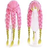 YSECRETYWIG Pink Green Anime Cosplay Halloween Wig: Women Cosplay Wig + 2 Hair Caps, Synthetic Braided Hair with Pigtails for Halloween & Christmas Parties Anime Events for Women & Teens