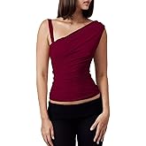 One Off The Shoulder Tops for Women - Sleeveless Mesh Ruched Going Out Crop Tank Top Slim Fit Y2K Shirts