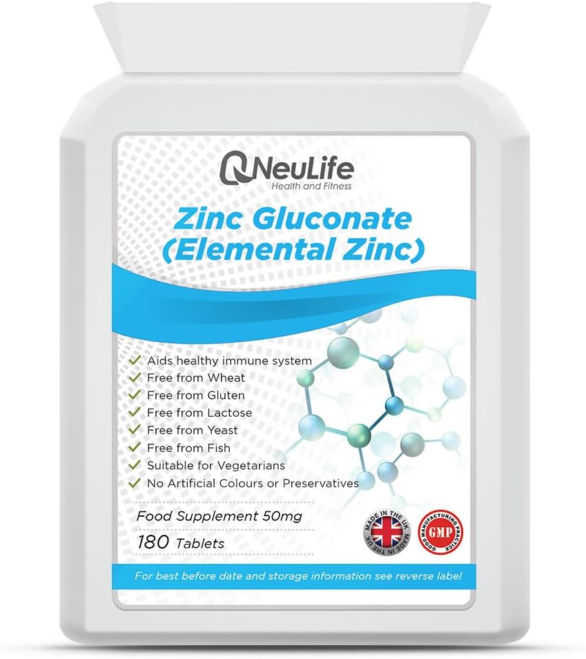 Zinc Gluconate 50mg Tablets x 180 | 500% NRV/RDA | Support of Immune System, Skin Health, Hair & Nails & Fertility | Suitable for Vegetarian & Vegan | Neulife Health and Fitness Supplements