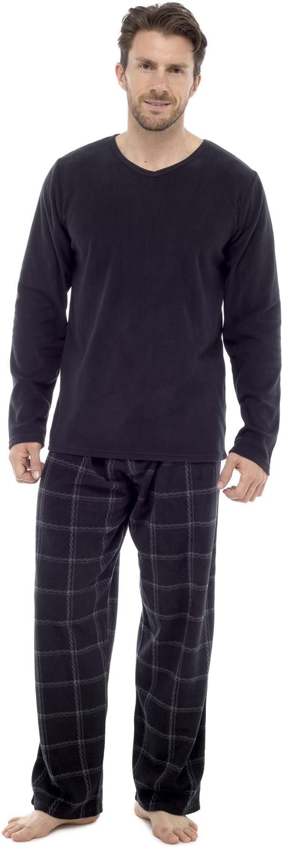 Men's Thermal Check Pyjamas, Long Sleeve Top & Pants Fleece PJS Loungewear- HTR038