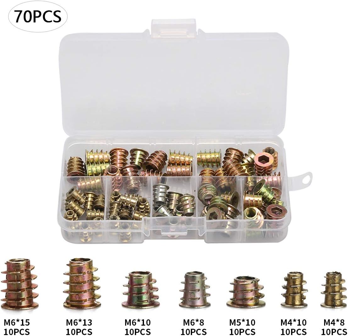 MUZIWENJU 70Pcs M4/M5/M6 Zinc Alloy Thread for Wood Insert Nut Flanged Hex Drive Head 7 Size Furniture Nuts Assortment Kit