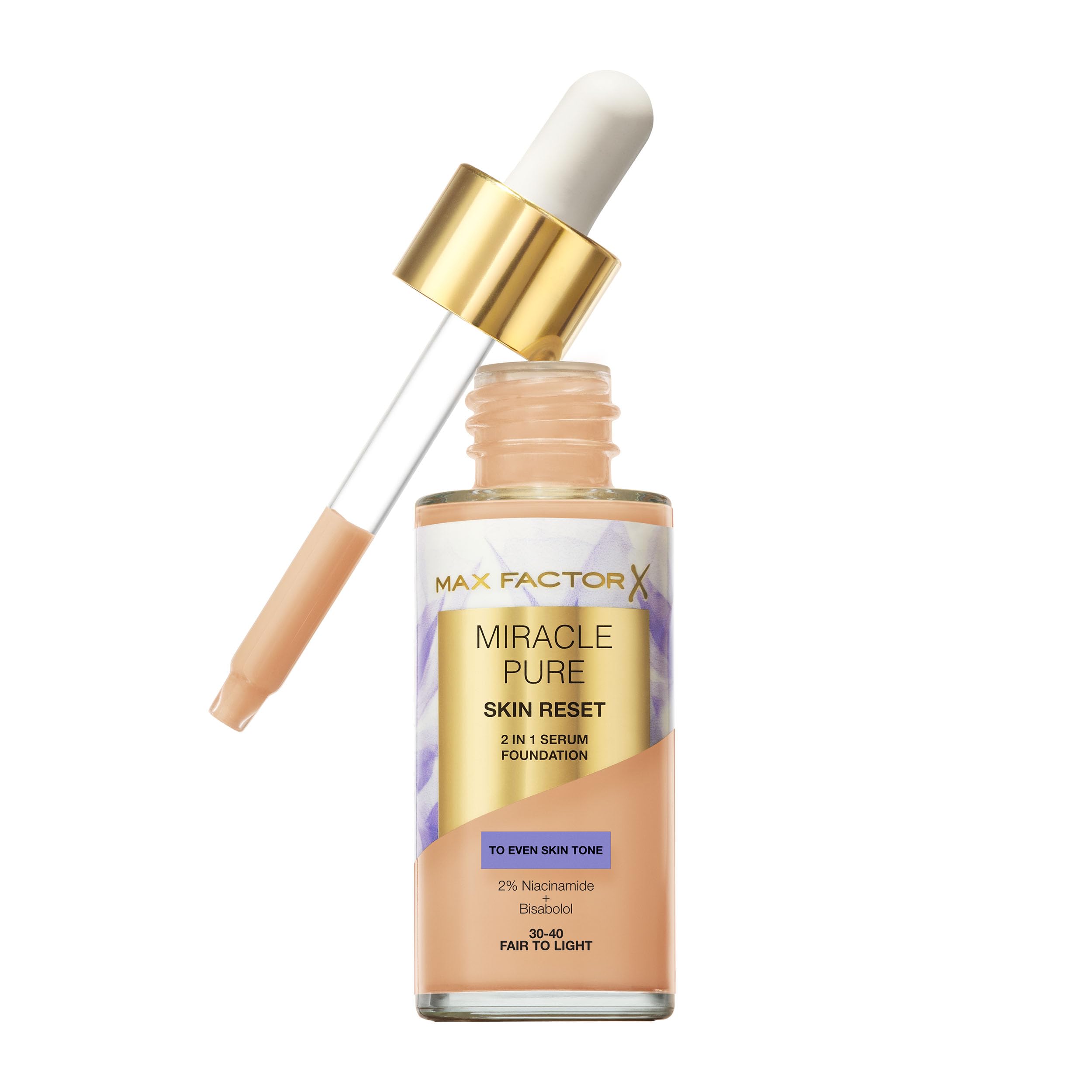Max Factor Miracle Pure Skin Reset Serum Foundation 30-40 Fair to Light, 2-in-1 Serum Formula, Healthy Looking Skin, Medium Coverage, Satin Matte Finish, 2% Niacinamide, Dermatologically Tested