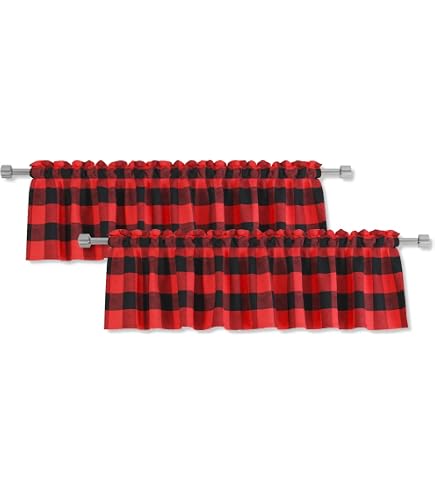 Buffalo Check Tier Curtains With Pom-Poms - 36 Inch Rod Pocket, Red/Black Plaid, Farmhouse Cafe Style - View #2