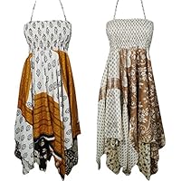 Mogul Interior Lot Of 2 Erin Womens Summer Dress Handkerchief Hem Two Layer Halter Neck Sundress S/M