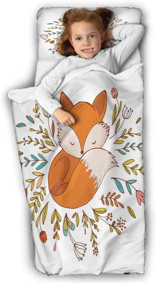 Cartoon Kids Toddler Nap Mat Cute Baby Fox Sleeping in a Floral Made Bed Circle Art Print Daycare and Sleepovers Dark Orange White Teal Coral_1 50X20 INCH
