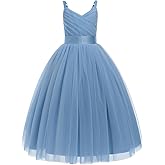 OBEEII Flower Girl Dress for Wedding Pleated V Neck Satin Tulle Princess Dress Junior Bridesmaids Pageant Formal Ball Gown