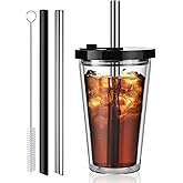 ALINK Reusable Iced Coffee Cup with Lid and Straw, 16 oz Grande Boba Tea Smoothie Cup, Leak Proof Double Wall Insulated Iced Coffee Tumbler for Hot Cold Drinks, Milkshaks, With 2 Boba Straws 1 Brush