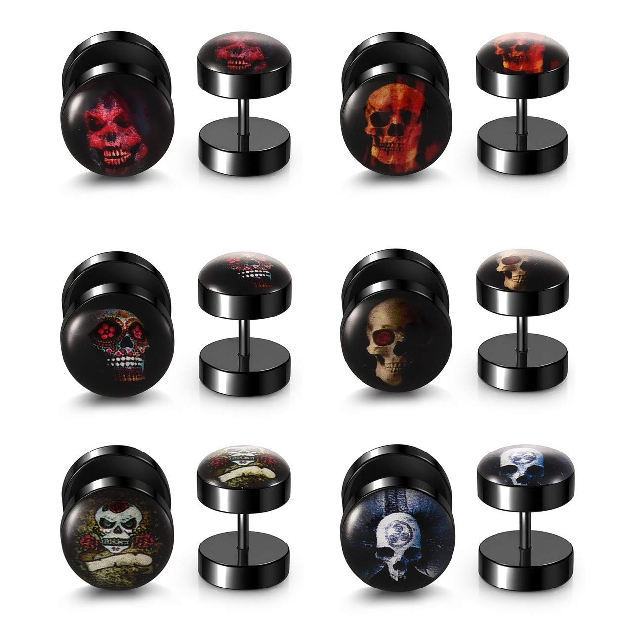 PiercingJak 6 Pairs Black Stud Earrings Fake Gauges Gothic Skull Earrings 18G Stainless Steel 00G Cheater Fake Ear Plugs Illusion Tunnel Piercing Barbell Stud Screw Earring Skull