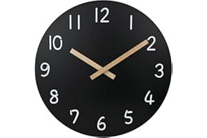 Plumeet 12'' Wooden Wall Clock Frameless Clocks with Silent Quartz Movement - Modern Style Village Wall Clocks Decorative Home Kitchen - Battery Operated (Black)