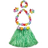 Girl's Elastic Hawaiian Hula Dancer Grass Skirt with Flower Costume Set-Green 13 Years