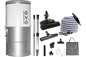 OVO Large and Powerful Central Vacuum System, Hybrid Filtration (with or Without Disposable Bags), 25L or 6.6 Gal, 630 Airwatts with 30 ft Carpet Deluxe Accessory Kit Included
