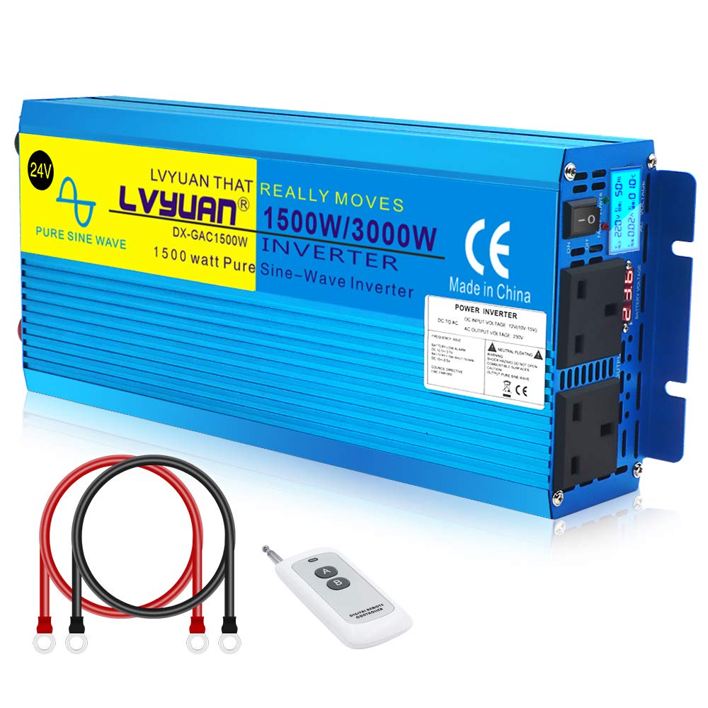 Cantonape Power Inverter Pure Sine Wave 1500 Watt DC 24V to AC 230V/240V Converter with LCD Display &2 UK Outlets Car Inverter with wireless Remote Control And Cooling Fans-Peak Power 3000 Watt