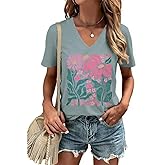 Women's T-Shirts V-Neck Flowers Tee Funny Summer Vacations Beaches Graphic Shirts Short Sleeve T Shirt