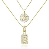 FaiSky 2 Pack Women's Letter Pendant Necklaces with Figaro Copper Chain, Copper Pendant with Plated 14K Gold and Sparkly Zircon Stones. A to Z Letter Select