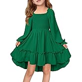 Haloumoning Girls Lantern Long Sleeve Dresses Kids Square Neck High Low Hem Smocked Fall Dress 5-14 Years