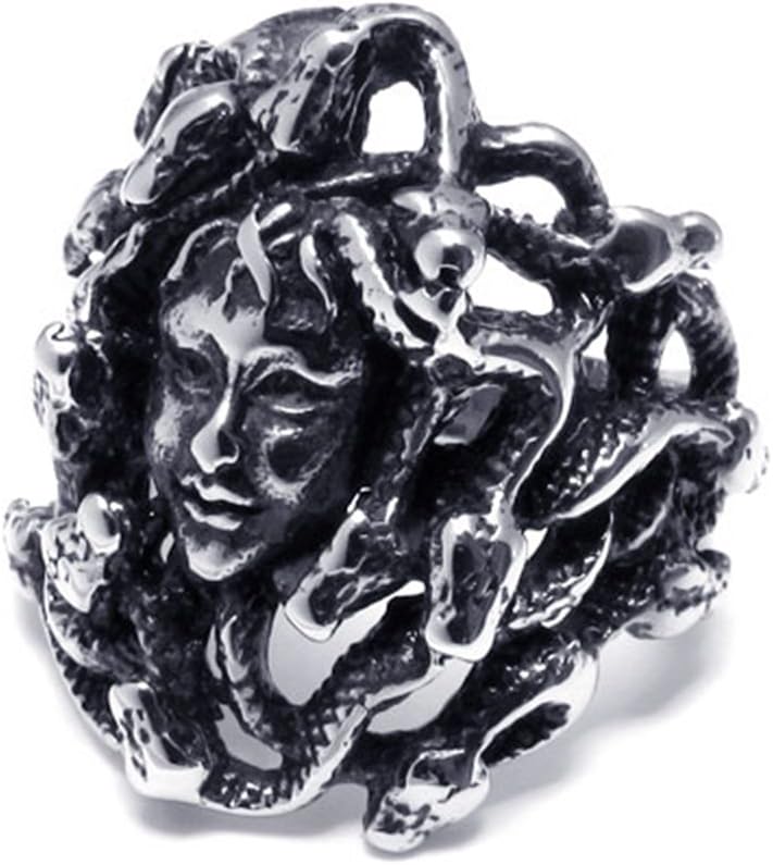 TEMEGO Mens Womens Stainless Steel Black Silver Biker Greek Mythology Medusa Ring,Size 7-14