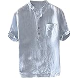 Starryflashing_men t-shirtMen Office Casual Shirt Tops, Male Baggy Stripe Cotton Linen Short Sleeve Button Pocket T Shirts Tops Blouse