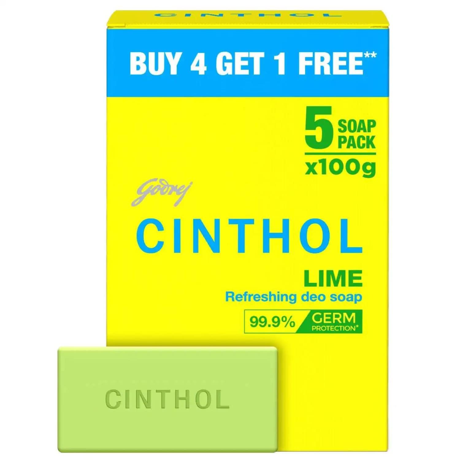 Cinthol Lime Soap, 100g (Pack of 4) with 100g Free