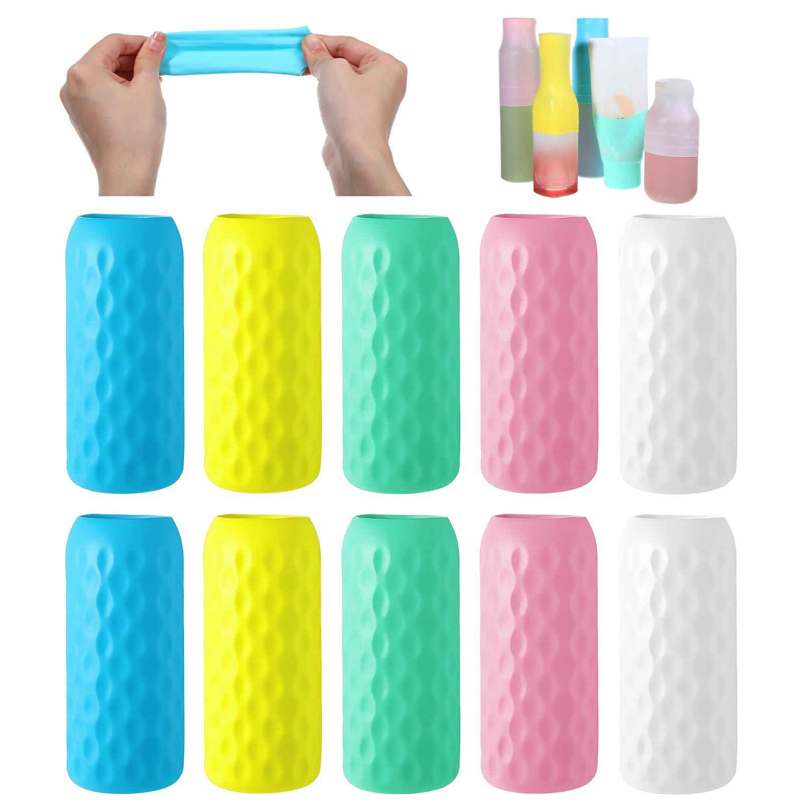 Photo 1 of 10 Pcs Silicone Bottle Covers, Leak-Proof Elastic Sleeves Travel Essentials for Toiletries, Cruise Beach Vacation Essentials, Women Men Airplane Trips Travel Size Toiletries Accessories (5 Colors)