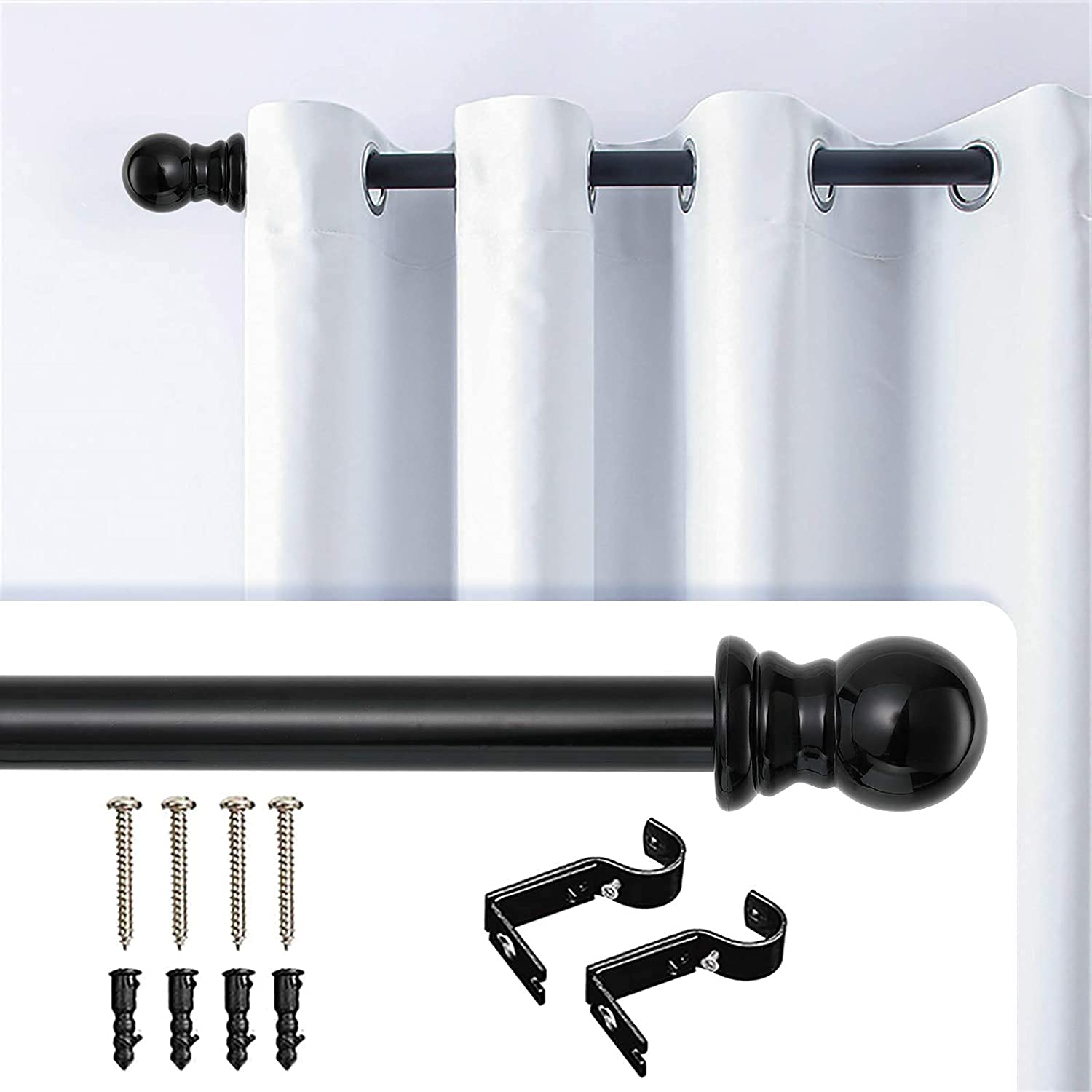 Curtain Pole for Windows, 76-110cm Curtain Rod with Round Finials and 2.54cm Diameter Metal Single Adjustable Telescoping (Black)
