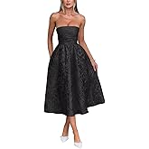 SUOLUOS Strapless Jacquard Floral Satin Prom Dresses Formal Corset A Line Tea Length Evening Party Gowns