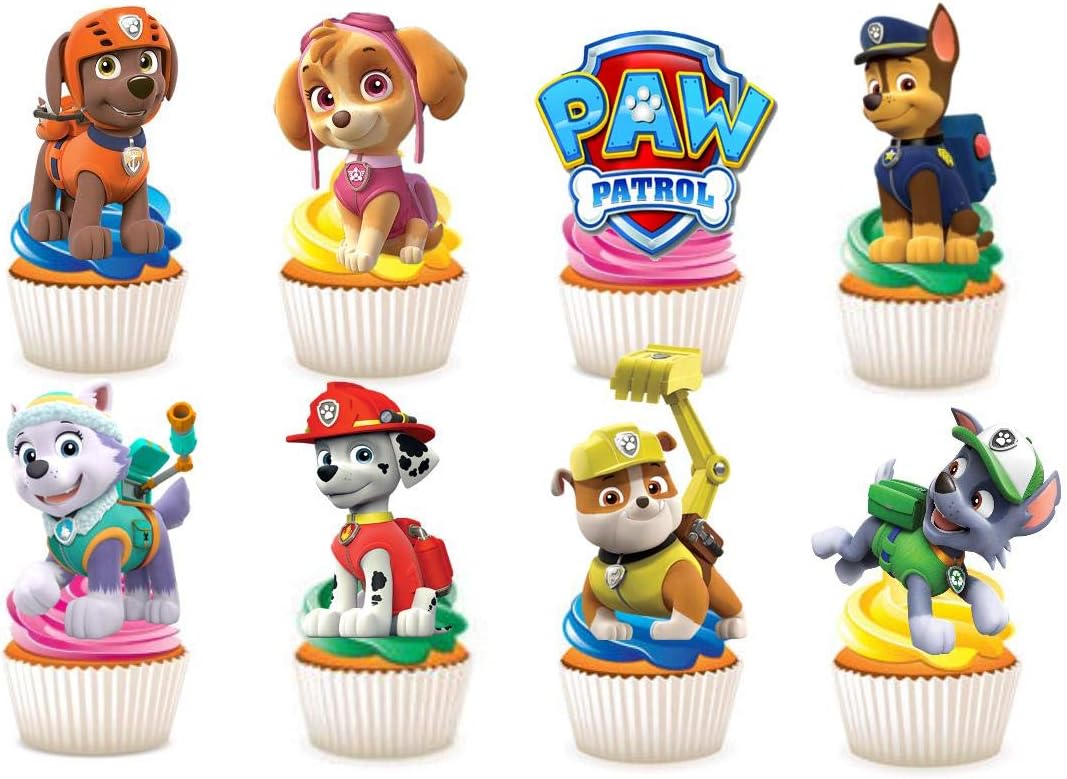 30 x Paw Patrol Party STAND UP Edible Paper Cupcake Toppers Cake Decorations