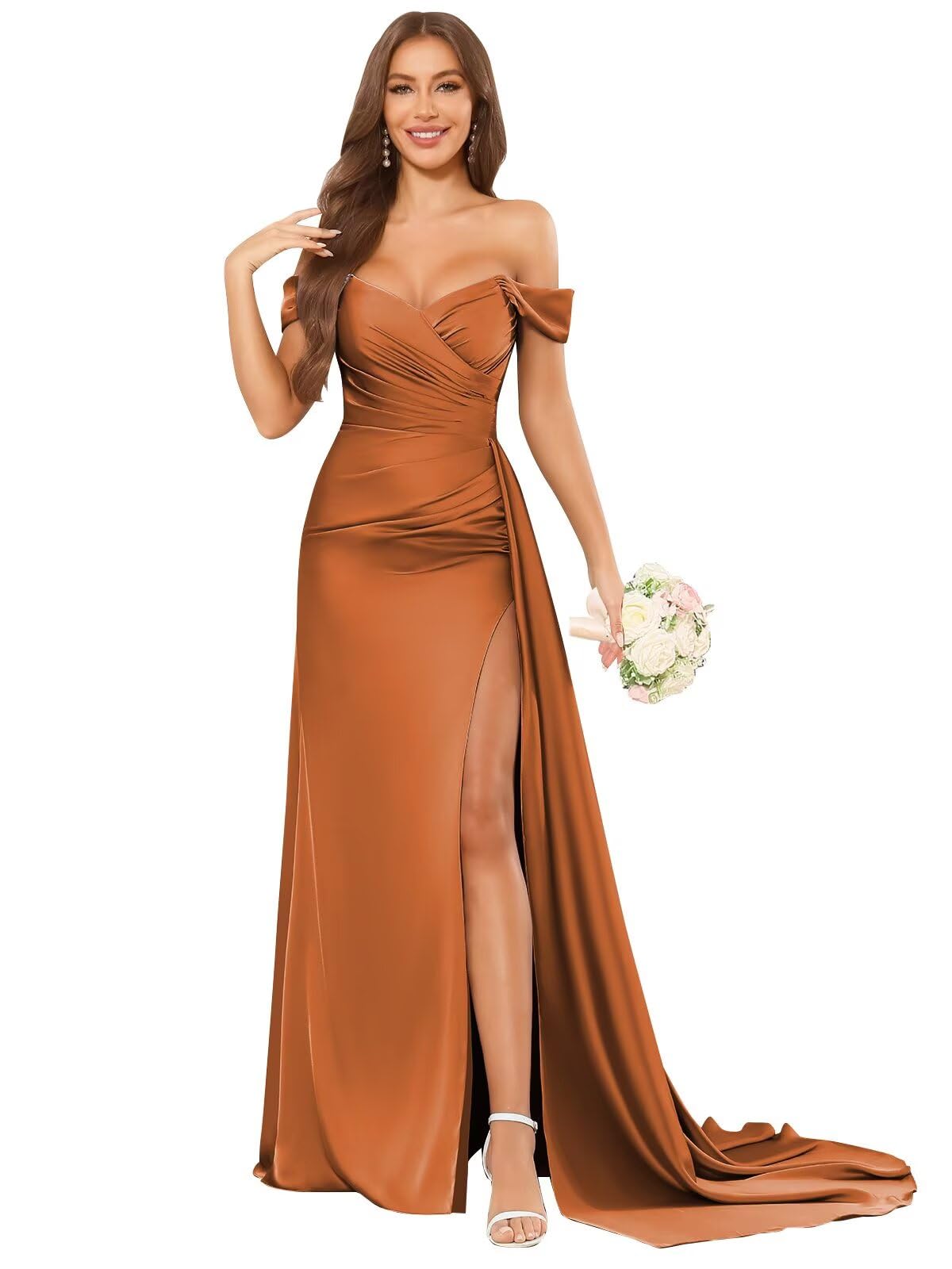 Photo 1 of Huaxiafan Burnt Orange Bridesmaid Dresses Off The Shoulder Slit Trumpet Long Satin Formal Evening Gown with Draping Size 6