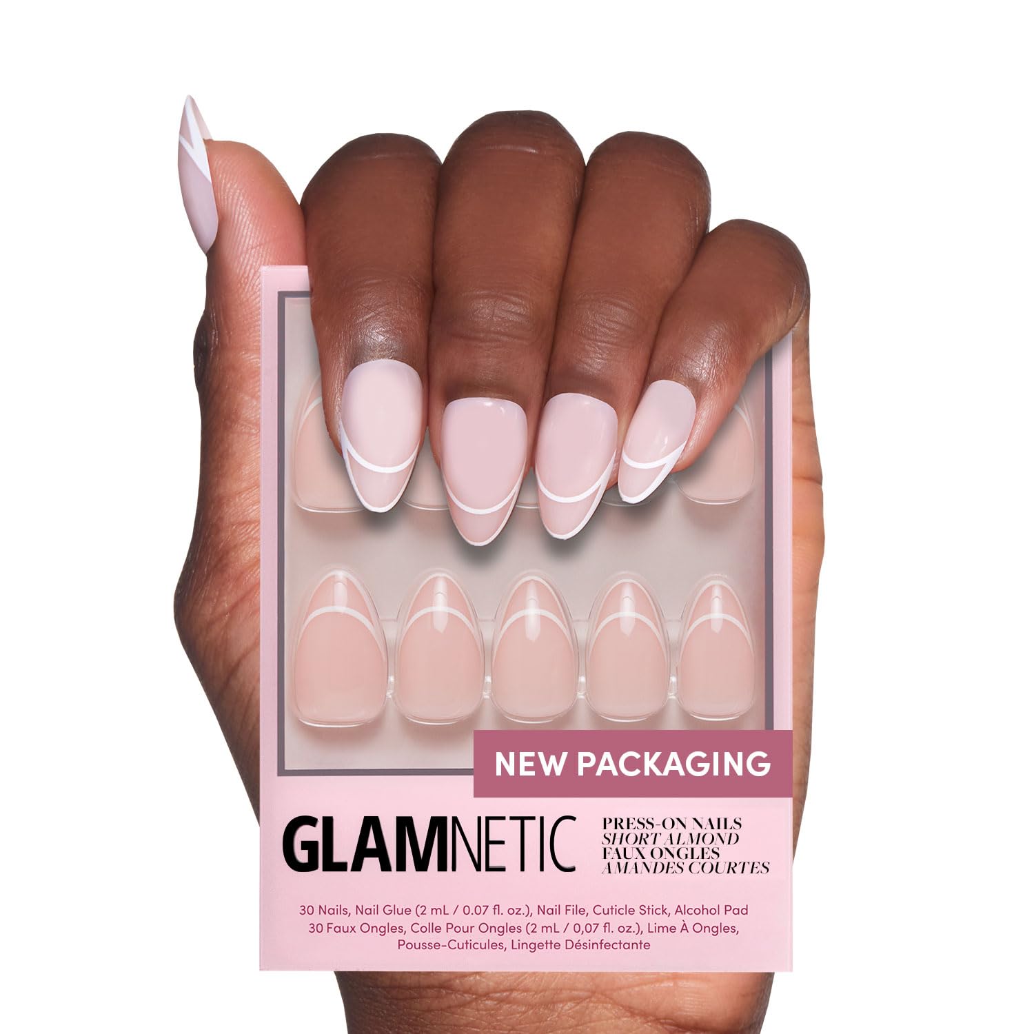 Glamnetic Press On Nails - Heavenly | Semi-Transparent Neutral Nude Trendy French Tip Short Almond Fake Nails, Reusable | 15 Sizes - 30 Nail Kit