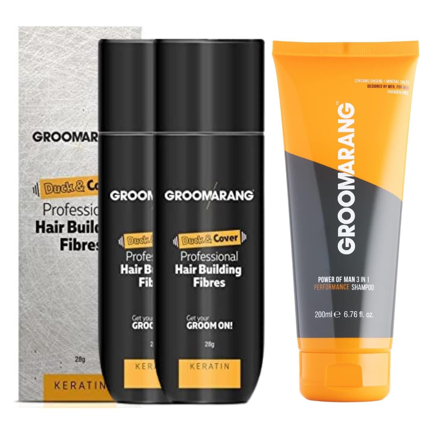 Hair Fibres x2 GROOMARANG Keratin Hair Building Fibres for Thinning Hair - Instantly Conceals Thinning Areas for Fuller Thicker Hair- For Men & Women 28g PLUS 200ml Performance Shampoo (Light Brown)