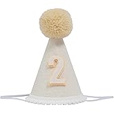 GORNZX 2nd Birthday Party Hat, Beige with Pom Pom, White Lace Trim