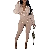 Voghtic Women's Sexy v Neck Bodycon Jumpsuit Distressed Long Sleeve Full Length Leggings Stretch One Piece Outfits